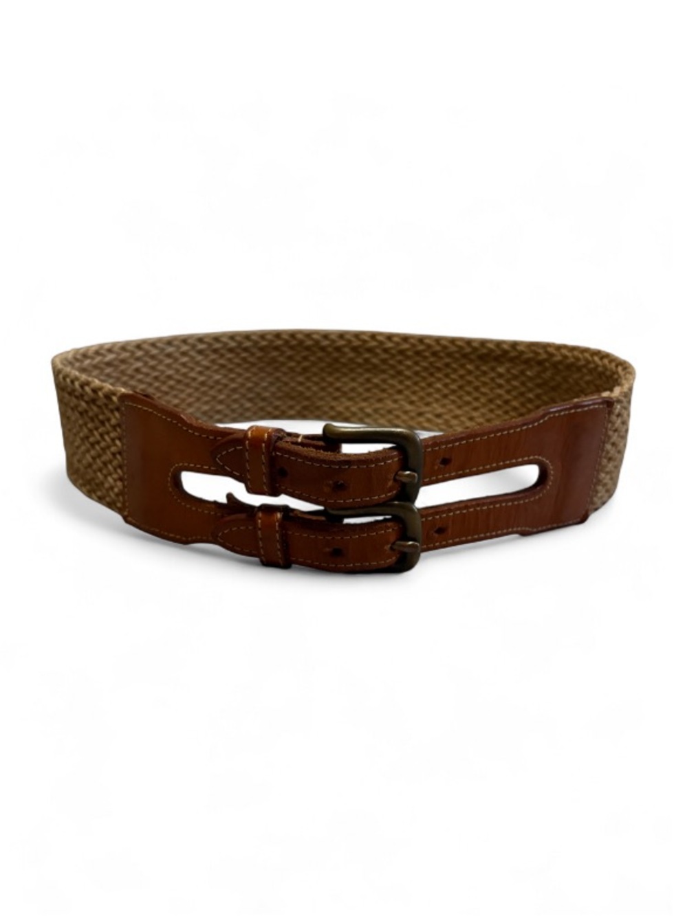 Vintage Banana Republic Woven Cotton and Leather Belt w/Double Brass Buckles